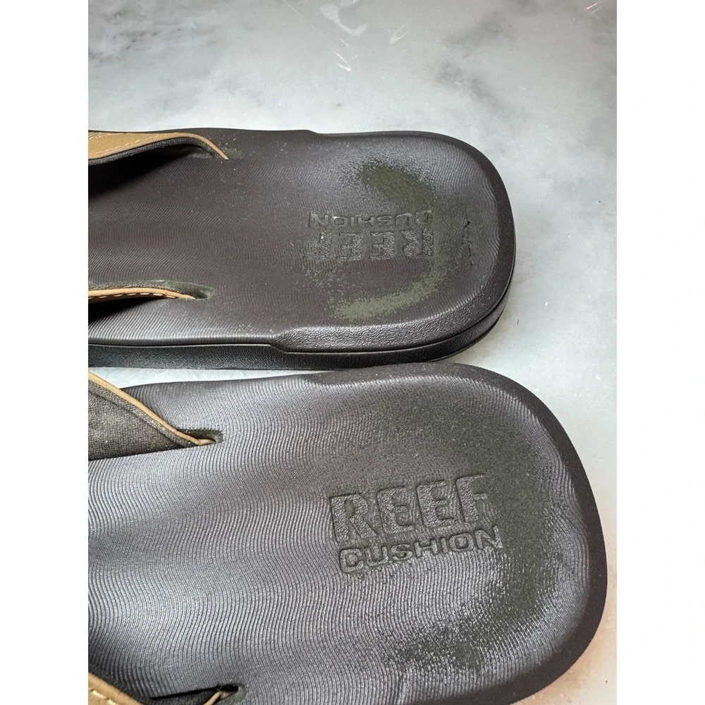 REEF Cushion Men's 12 Brown Leather Flip Flops Comfort Sandals
